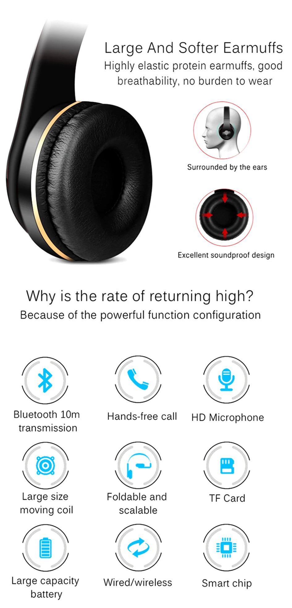 Foldable Sport Earphone HiFi Headset Wireless Headphones Bluetooth Music Headset Over Ear Bass Earphone With Mic Support TF Card