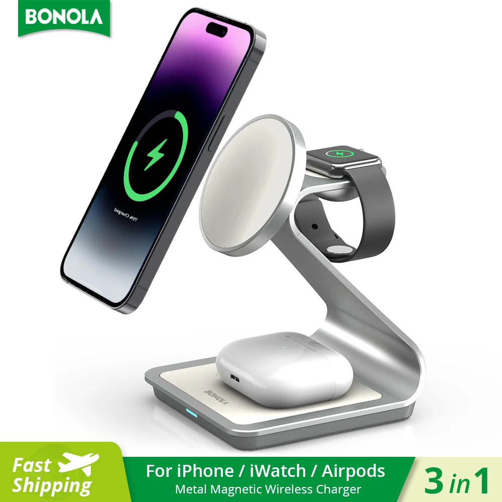 Bonola Caricabatterie wireless magnetico 3 in 1 per iPhone 15/13/14 Pro Max/12 Stazione di ricarica wireless da 30 W per Apple Watch/AirPods Pro