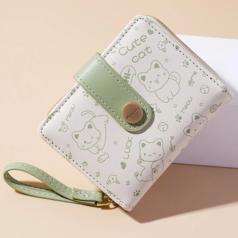 Japanese Cute Cat Girls Wallet Short Student Id/Bank Card Holder Money Bag Zipper Wallets For Women Key Storage Purse