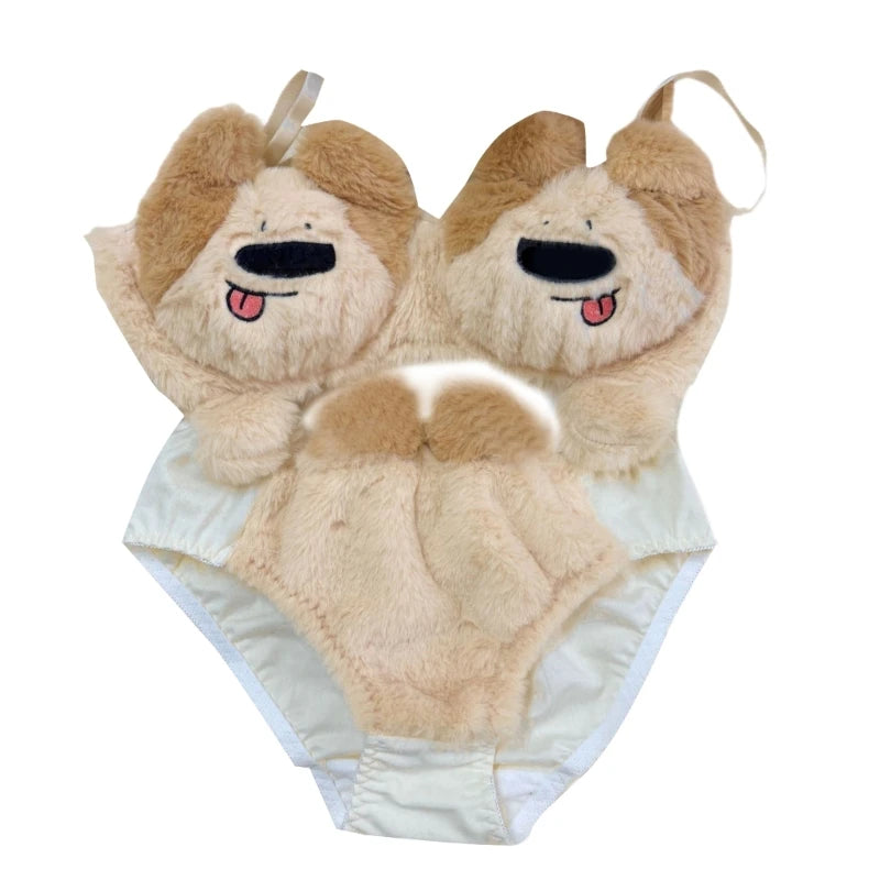 Funny Cats Underwear Set Faux Furs Bra Top and Panty Plush Lingerie Set Cartoon Lovely Bra Set Holiday Gifts for Womens