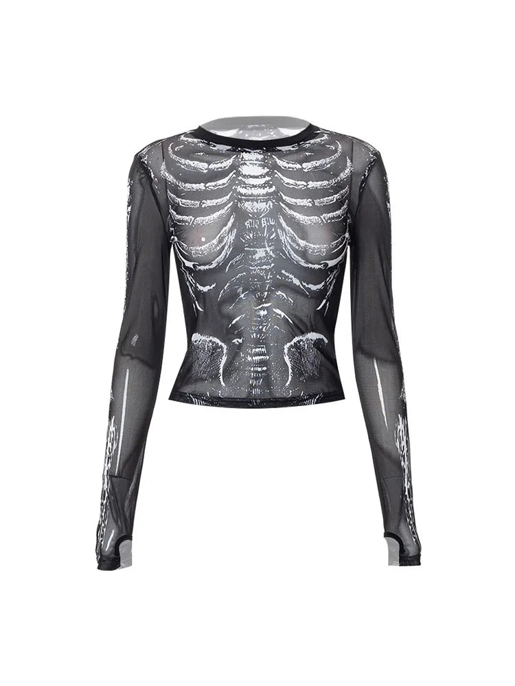 Gothic Punk Shirt 2000s Women Skeleton Pattern Round Neck Long Sleeve Crop Top Black Dark Academia Clothes y2k Tees Streetwear