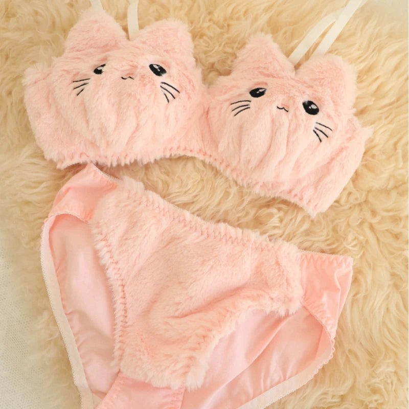 Set di biancheria intima con gatti divertenti, reggiseno e mutandine in pelliccia sintetica, set di lingerie in peluche, adorabile set di reggiseno con cartoni animati, regali di festa per le donne