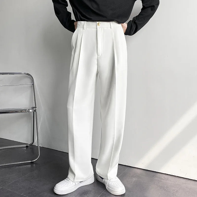 Nuovi pantaloni dritti drappeggiati da uomo, alla moda, da lavoro, coreani, larghi, casual, bianchi, neri, grigi, pantaloni a gamba larga, pantaloni da completo da uomo