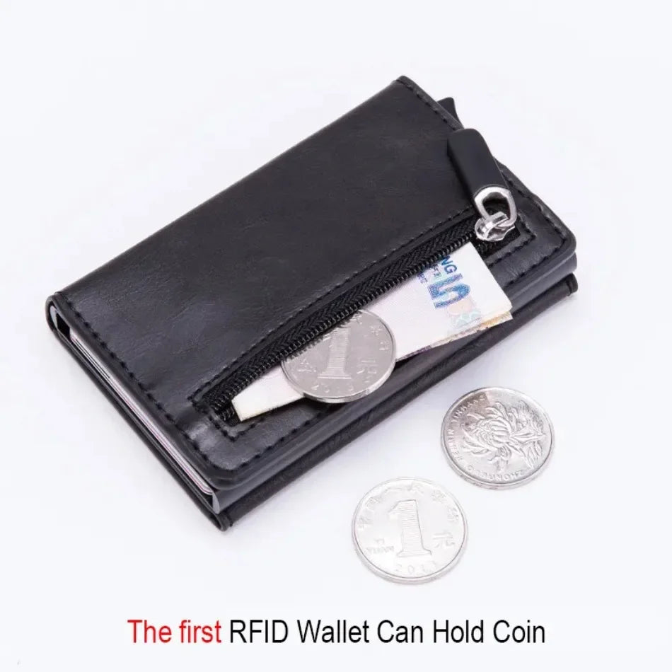 2024 New Anti Rfid Id Card Holder Case Men Leather Metal Wallet Male Coin Purse Women Mini Carbon Credit Card Holder with Zipper