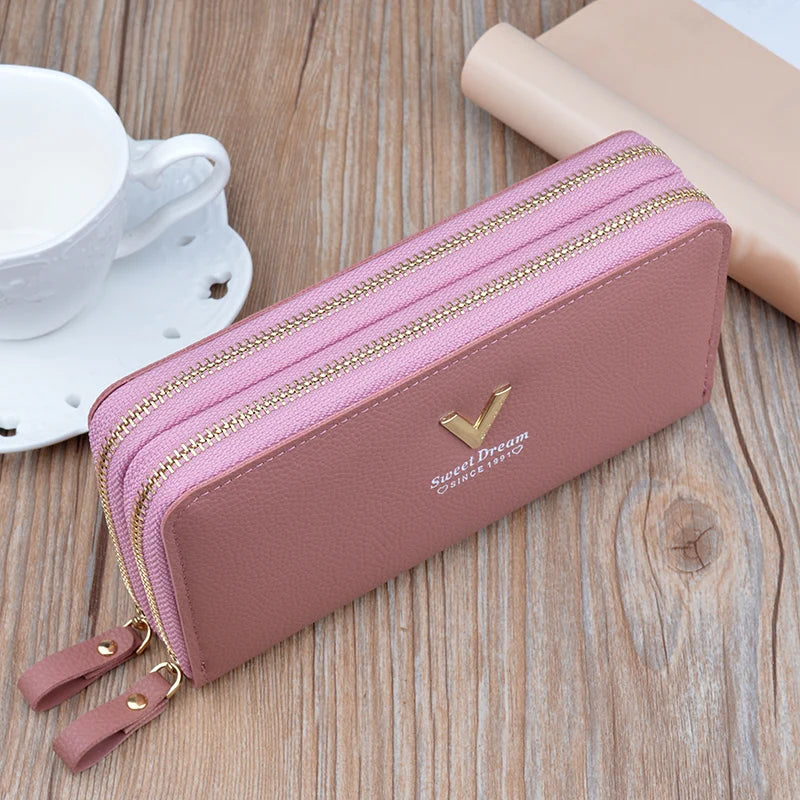 Women Double Zipper Long Wallet Large Capacity Lady Coin Purse Cell Phone Bag Credit Cards Holder Money Clutch Solid PU Leather