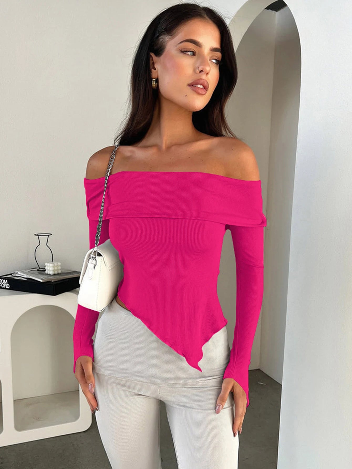 Sexy Strapless One Line Neck  Backless Long sleeved Short Top 2024 Spring Summer New Women's Slim Fit Top Party Nightclub