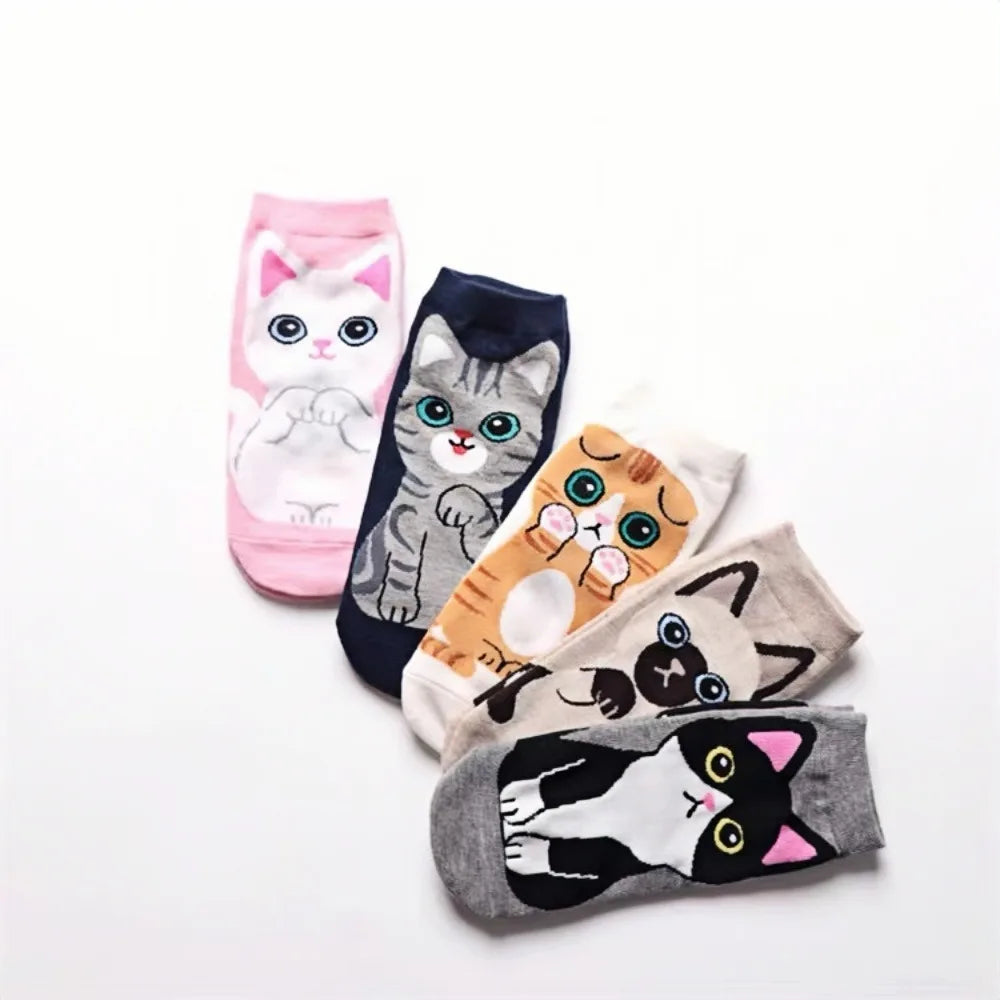 5 Pairs Women's Cute Cat Cartoon Short Socks Spring and Summer New Breathable Cotton Socks