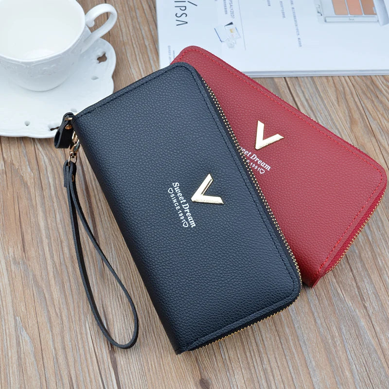 Women Double Zipper Long Wallet Large Capacity Lady Coin Purse Cell Phone Bag Credit Cards Holder Money Clutch Solid PU Leather