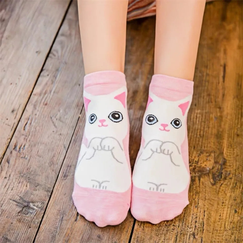 5 Pairs Women's Cute Cat Cartoon Short Socks Spring and Summer New Breathable Cotton Socks