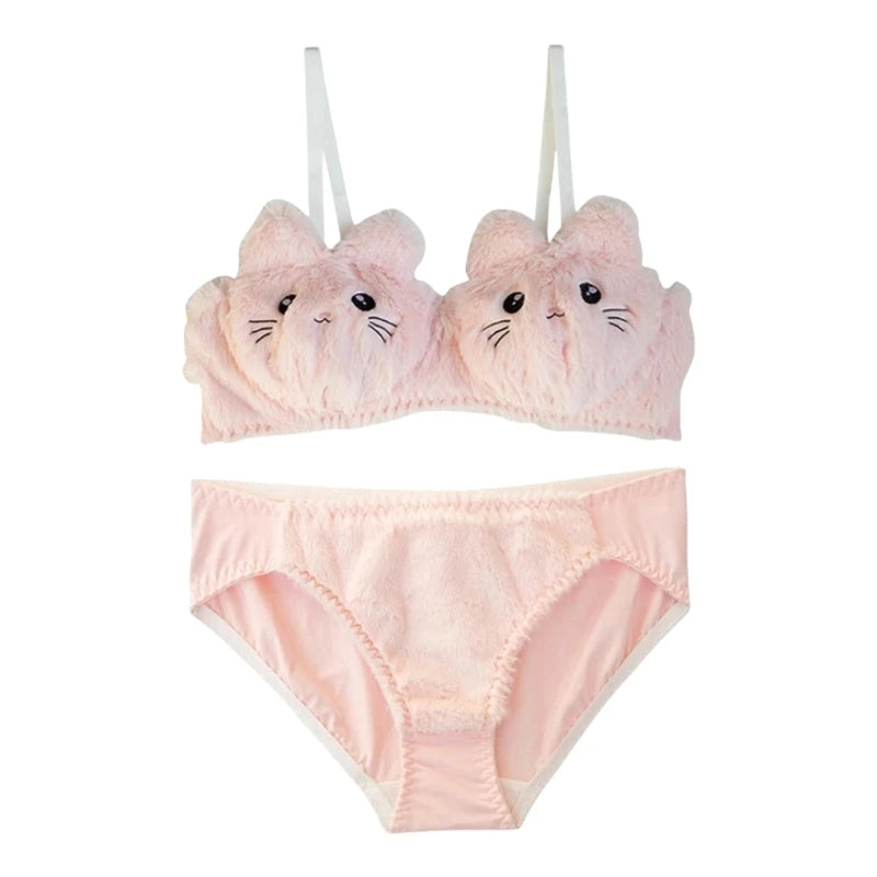 Set di biancheria intima con gatti divertenti, reggiseno e mutandine in pelliccia sintetica, set di lingerie in peluche, adorabile set di reggiseno con cartoni animati, regali di festa per le donne