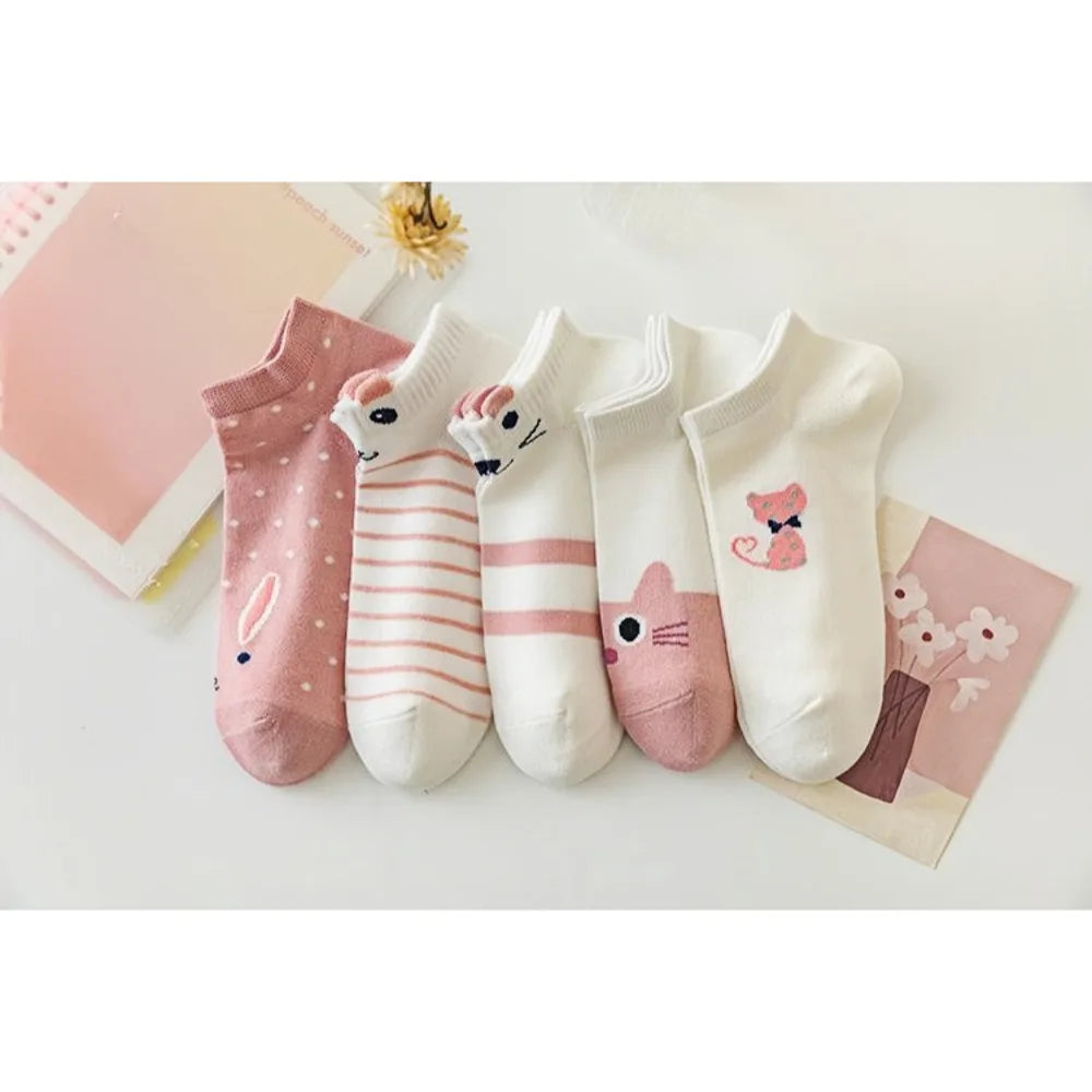 5 pairs Women's pink socks, cute style socks, popular spring and summer cotton socks, cute rabbit socks