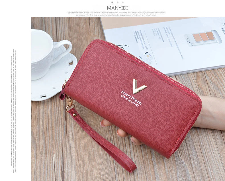 Women Double Zipper Long Wallet Large Capacity Lady Coin Purse Cell Phone Bag Credit Cards Holder Money Clutch Solid PU Leather