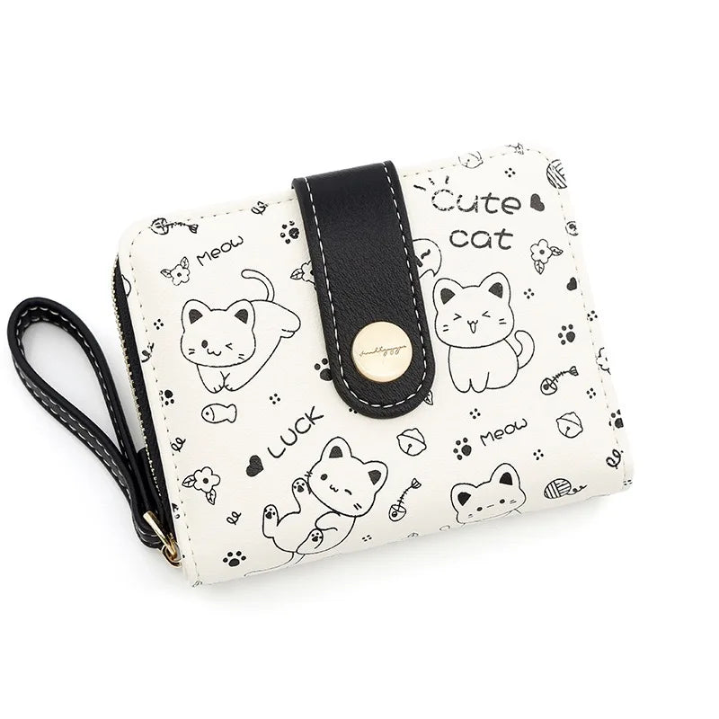 Japanese Cute Cat Girls Wallet Short Student Id/Bank Card Holder Money Bag Zipper Wallets For Women Key Storage Purse