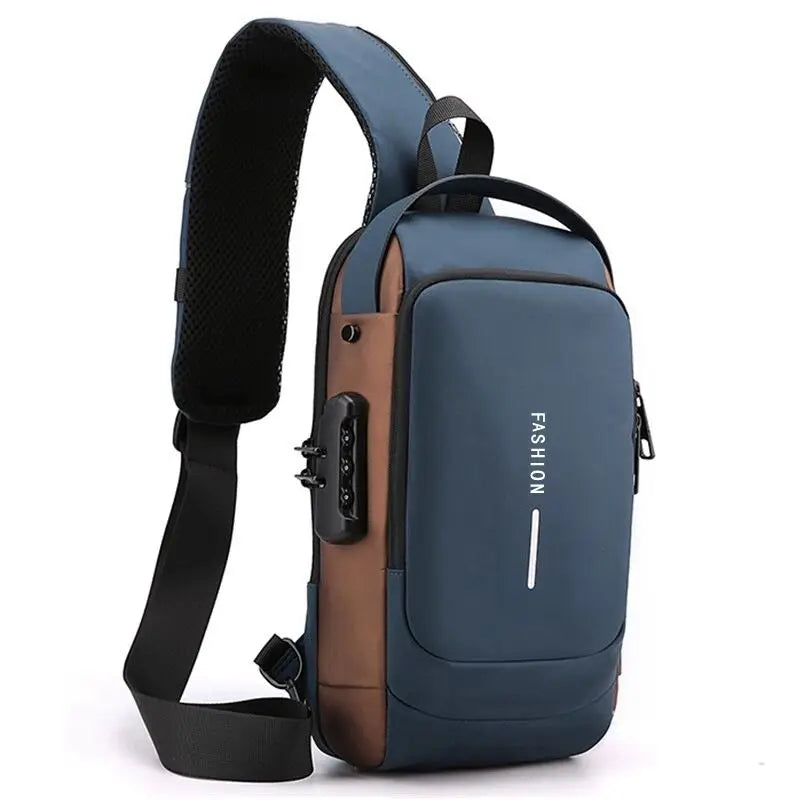 Borsa da viaggio antifurto Borsa da petto con ricarica USB maschile Borsa da petto multifunzione in pelle verniciata Borsa a tracolla da uomo impermeabile