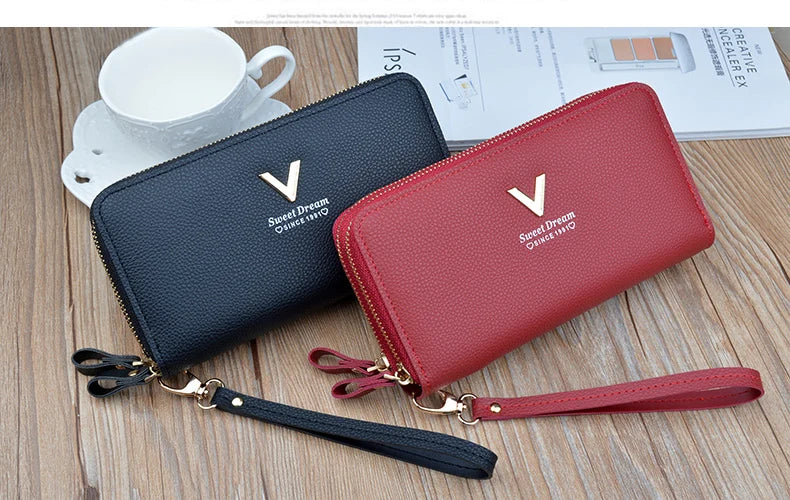 Women Double Zipper Long Wallet Large Capacity Lady Coin Purse Cell Phone Bag Credit Cards Holder Money Clutch Solid PU Leather