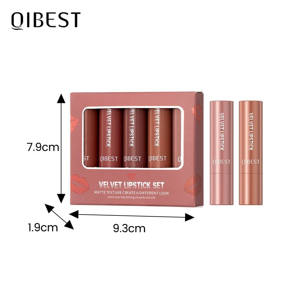 QIBEST 5 pezzi Nude Velvet Mist Rossetto Set Rossetti opachi Lucidalabbra Trucco a lunga durata per donna Balsamo per labbra Tinta Bellezza Cosmetici