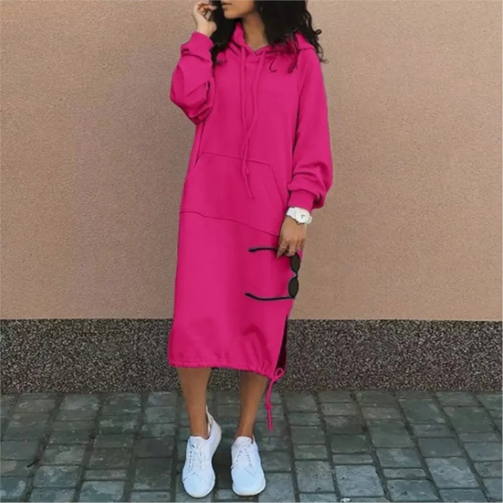 Autumn Winter Fashion Hoodie Long Sleeve Solid Color Dresses Women'S Simple Loose Pocket Drawstring Hoodie Casual Female Dress