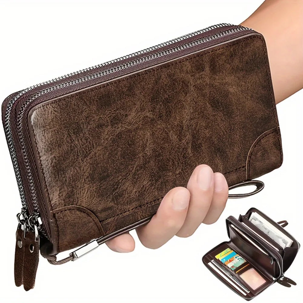 Oil Wax Leather Large Clutch Handbag Leather Zipper Around Wallets Wristlet Card Business Phone Wallet Case for Men