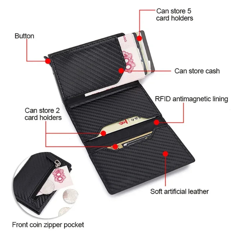 2024 New Anti Rfid Id Card Holder Case Men Leather Metal Wallet Male Coin Purse Women Mini Carbon Credit Card Holder with Zipper