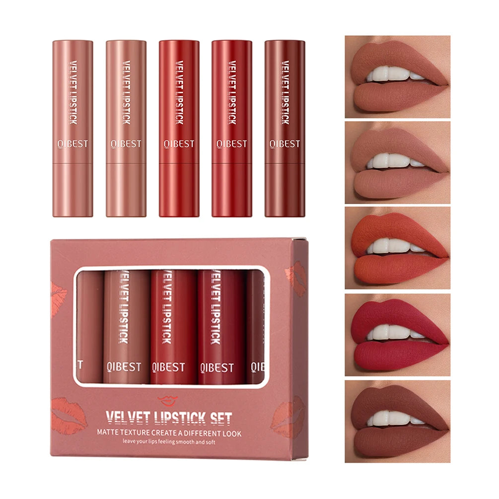 QIBEST 5 Pcs Nude Velvet Mist Lipstick Set Matte Lipsticks Lip Gloss Long Lasting Makeup For Women Lip Balm Tint Beauty Cosmetic