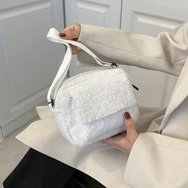 New Plush Fabric Women's Shoulder Crossbody Bag Small Fashion Lambs Wool Fluffy Fur Winter Female Bag Designer Handbags