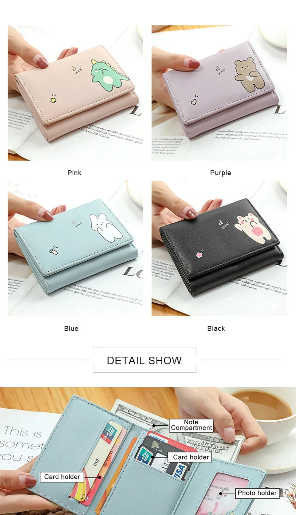 Women Short Cute Small Wallets Student Triple Fold Card Holder Girl ID Bag Card Holder Coin Purse Ladies Wallets Cartoon Bags