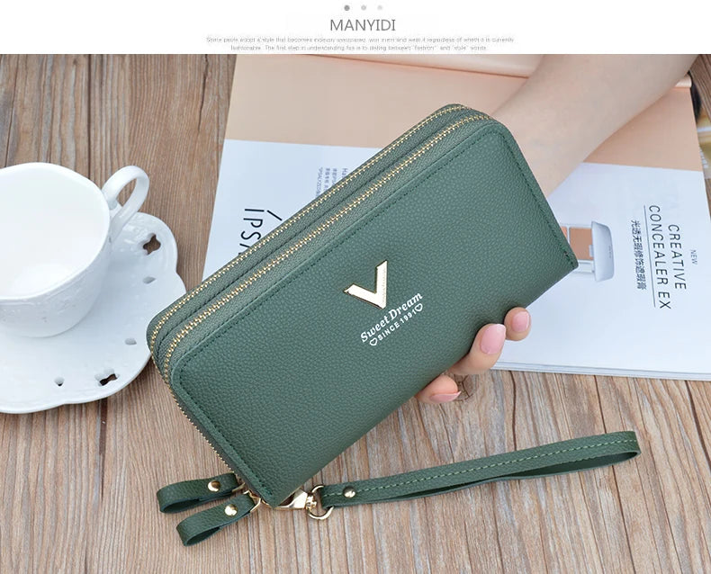 Women Double Zipper Long Wallet Large Capacity Lady Coin Purse Cell Phone Bag Credit Cards Holder Money Clutch Solid PU Leather