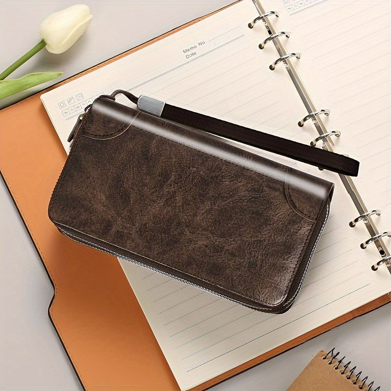 Oil Wax Leather Large Clutch Handbag Leather Zipper Around Wallets Wristlet Card Business Phone Wallet Case for Men