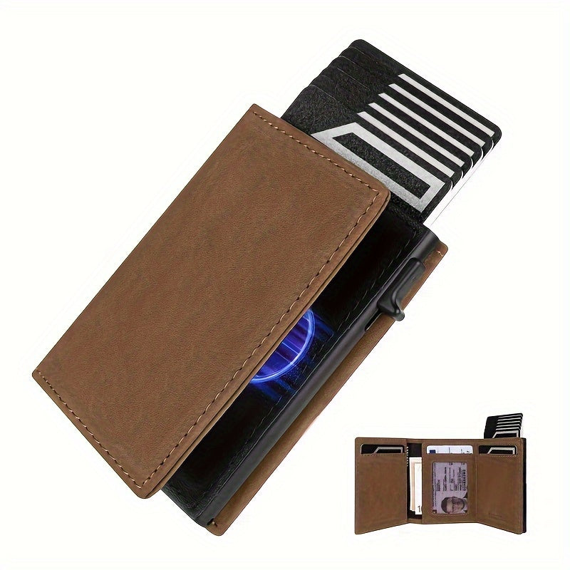 Portafoglio marrone da uomo in stile vintage con blocco RFID e porta carte pop-up automatico, multi-slot compatto bifold