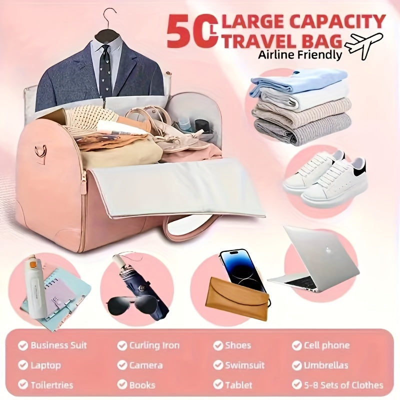 Large Capacity Foldable Suitcase-Style Travel Bag - Multifunctional Luggage Organizer with Shoe Compartment, Durable, Ergonomic Handle & Detachable Strap, Available in Beige/Pink/Black, Luggage for Travel